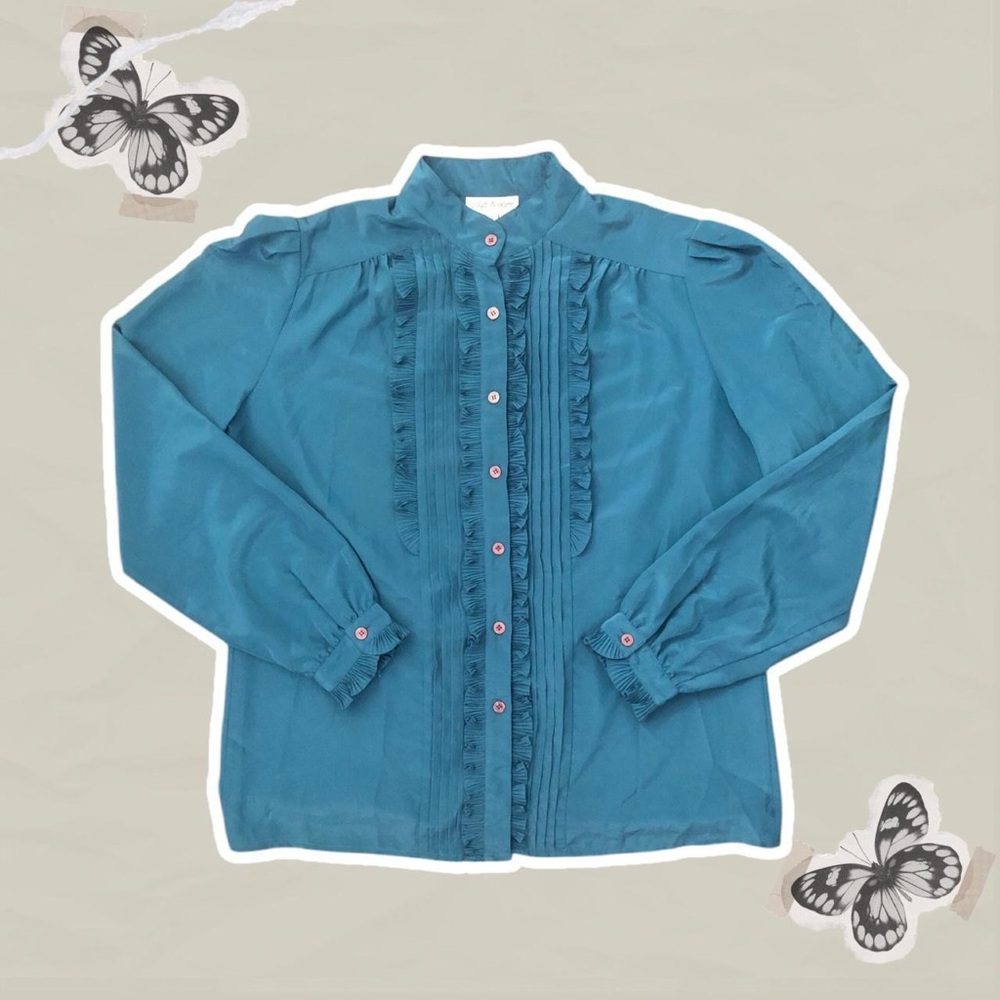 Vintage 80s Lloyd Williams Teal Victorian Style Ruffled Longsleeve Blouse